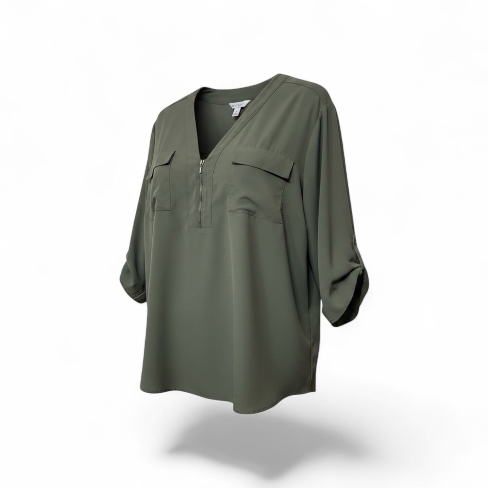 Boutique Women Olive Green Zip V-Neck 3/4 Tab Sleeve Blouse Plus Size 1X